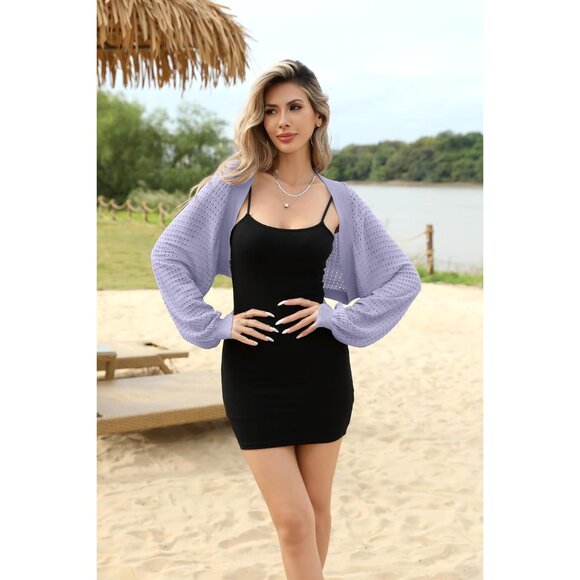 Women's Light Purple Cotton Blend Crop Cardigan Bolero Sweater for Summer - Picture 4 of 6
